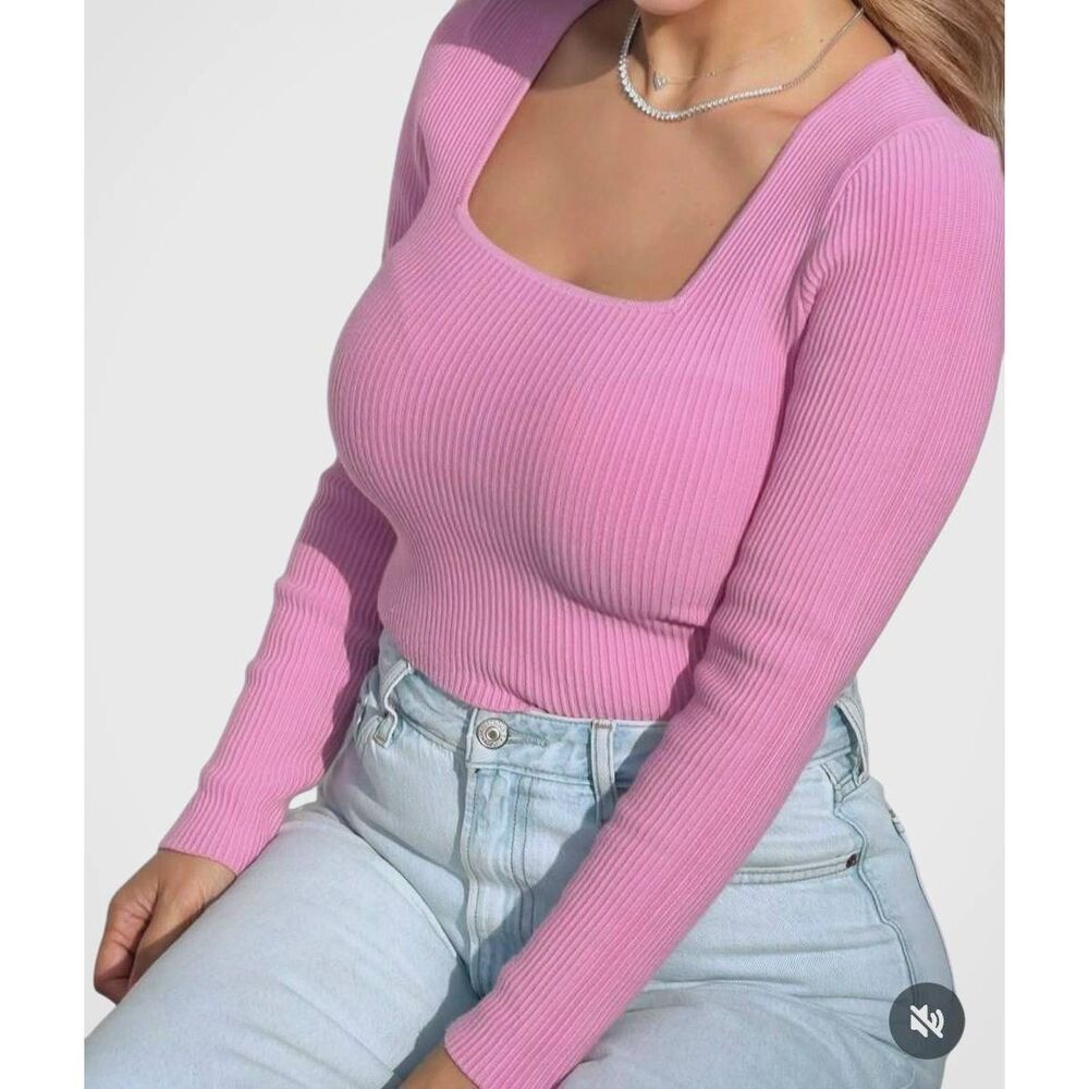 Abercrombie & Fitch Sweater Top Women's XL Pink Ribbed Ottoman Square Neck Knit